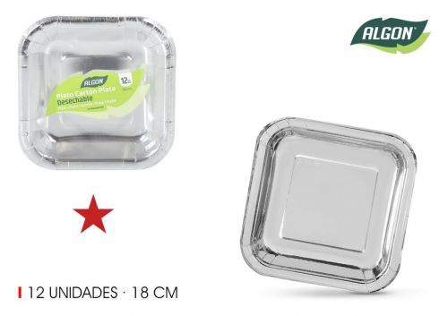 Set12 Prato De Cartao Quadrado Cor Prata 18cm Alg