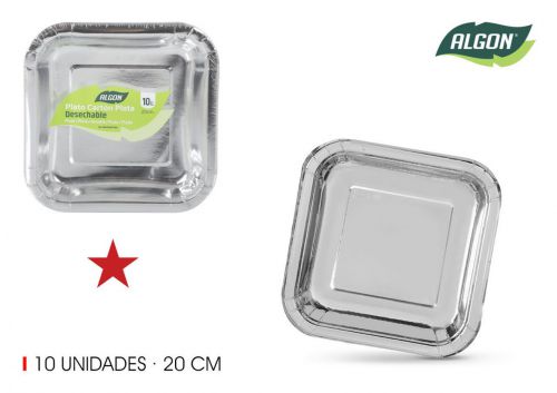 Set10 Prato De Cartao Quadrado Cor Prata 20cm Alg